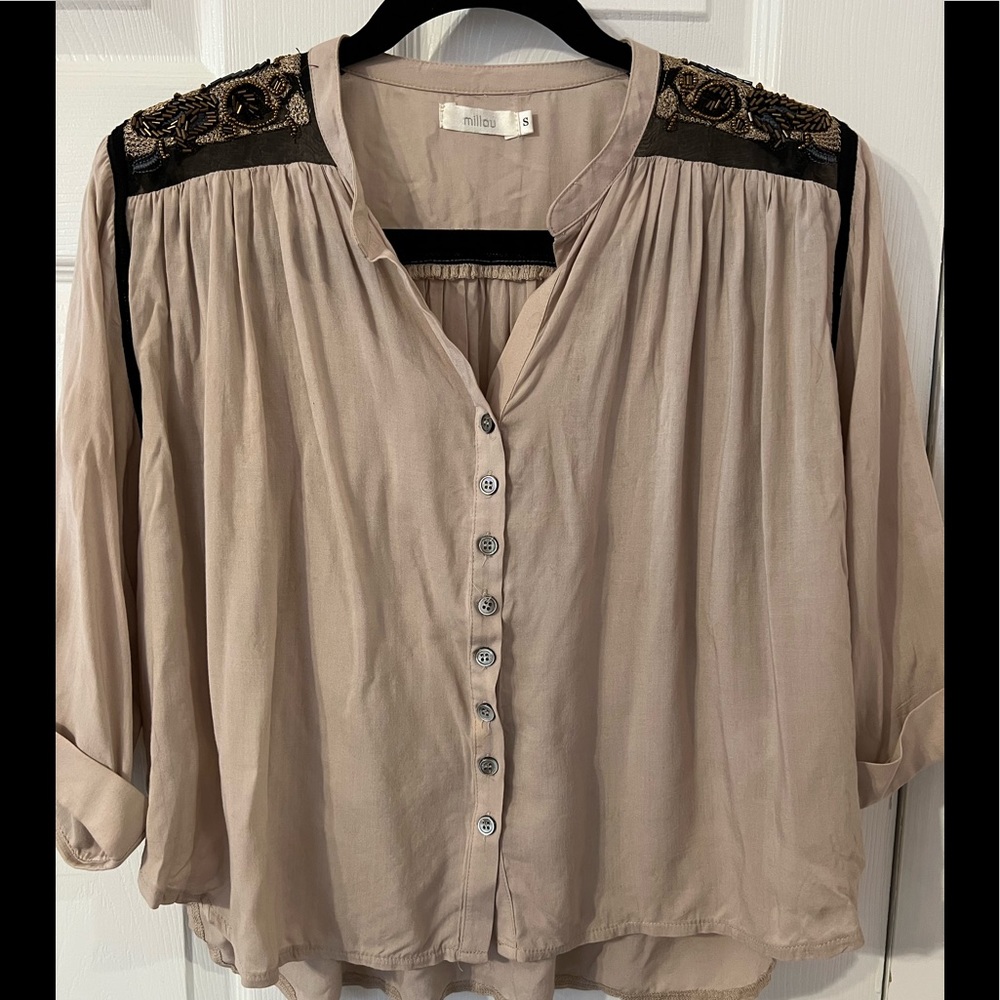 Millau 3/4 Sleeve Top with Beaded Shoulder Detail